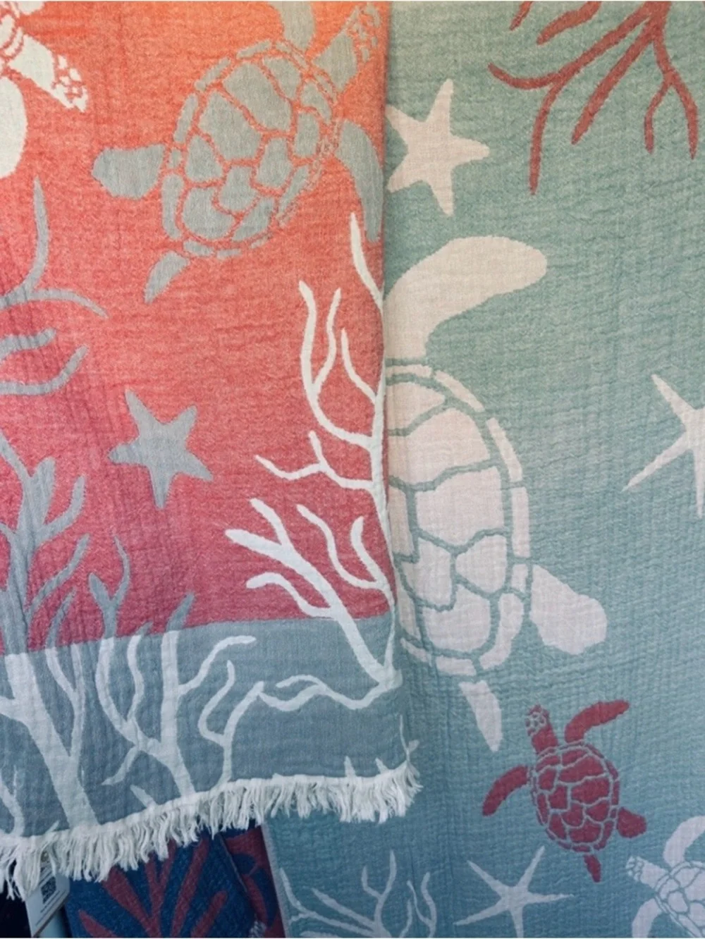 Woven Coastal Turtle 2 Side 100% Cotton Beach Towel Green + Coral NEW